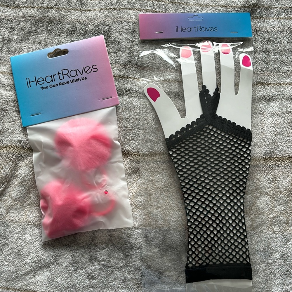 iHeartRaves accessories - furry hair ties & fishnet gloves